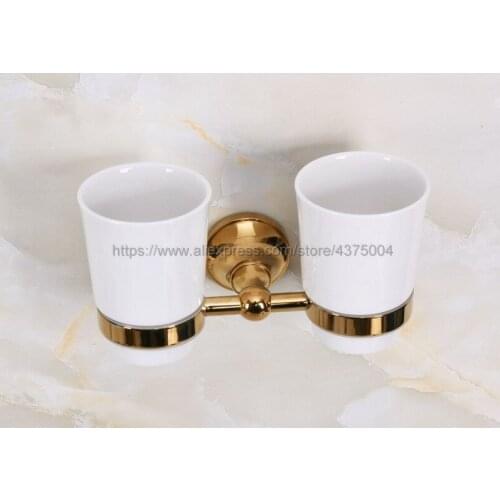 Ceramic Tooth Mug Tooth Gargle Cup with Golden Brass Rack Holder Wall Mounted, with Two Ceramic Cups Nba886