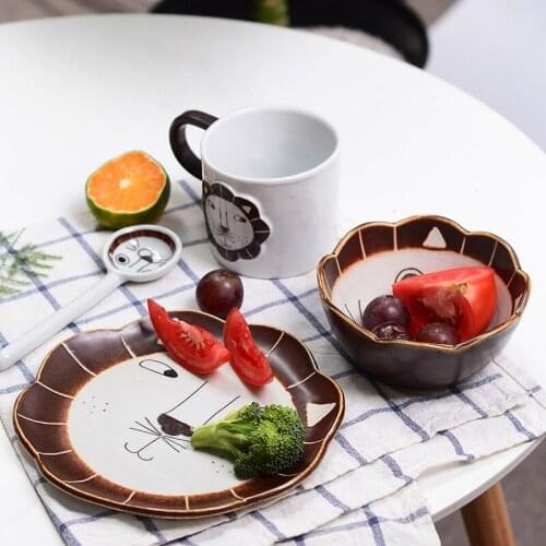 Creative Hand-painted Ceramic Tableware Western Food Dessert Bowl Spoon Set Cute Lion Ceramic Cup