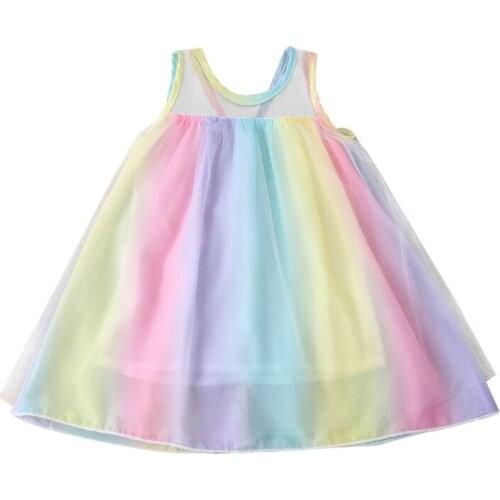 Ins Girls Summer Dress Sleeveless A-line Gauze Skirt Rainbow Mesh Chiffon Skirt