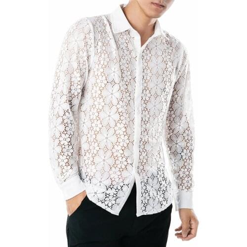 Mens Sexy Lace Long-sleeved Shirts Solid Color See Through Clubwear Clothing Personality Trendy Lapel Casual Shirt for Men 2021