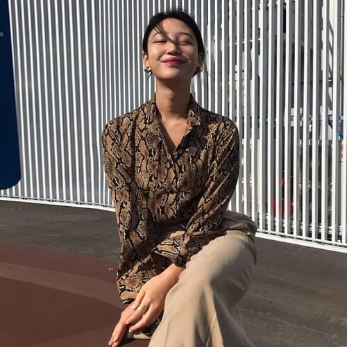 GOOHOJIO 2021 New Snakeskin Pattern Chic Shirts Womens Tops Long Sleeve Autumn Blouses Ladies Loose Boyfriend Style Shirt Women