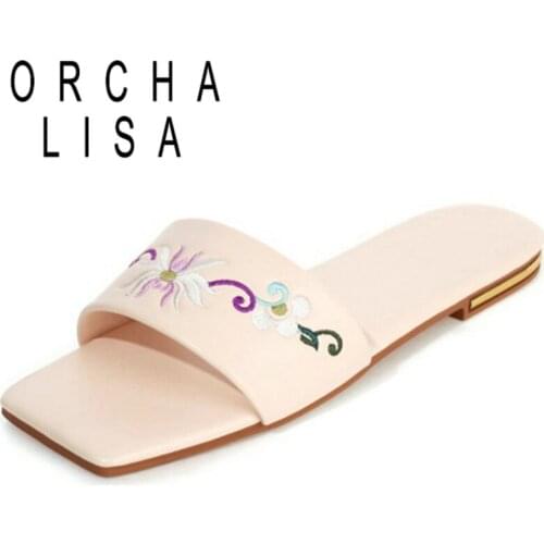 ORCHA LISA 2021 Summer Casual Fashion Ladies Slippers Flower Sweet Embroider Flat Heel Slide Slingback Open Toe Size 34-39 A4164