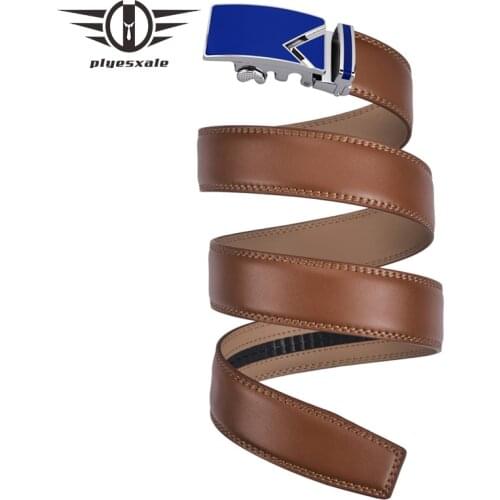 Plyesxale 2020 Genuine Leather Men Belt Alloy Automatic Buckle Luxury Brand Cowskin Black Brown Casual Strap Belt For Male B183