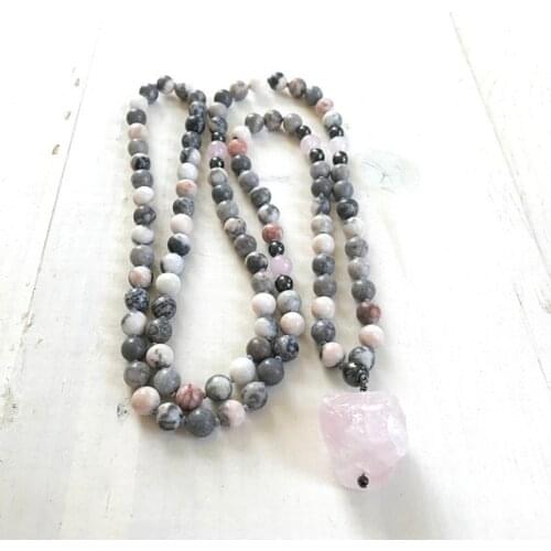 Pink Zebra Jaspers MalaYoga Meditation Rose Quartzs 108 Bead Hand Knotted Yoga Mala Necklace