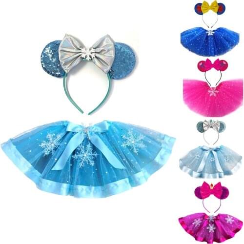 Girl Mesh Princess Skirt Elsa Headband Anna Costume for Party Hallowee Snowflake Kids Snow Queen