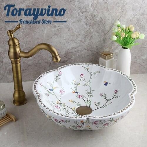Torayvino Bathroom wash basin sink faucet Deck Mounted taps bathroom Hand Painted basin Drainer Antique brass mixer faucets