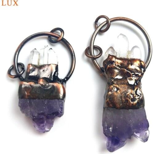 Vintage Healing Raw Amethyst Crystal Pendant Clear Quartz Charm Bronze Soldered Connectors For Necklace Jewelry Hot Sale