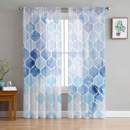 Moroccan Blue Geometric Curtain For Living Room Transparent Tulle Curtains Window Sheer For The Bedroom Accessories Decor
