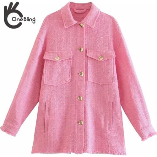 OneBling Za Woman 2021 Casual Traf Blouses Autumn Texture Thick Loose Shirt Chic Coats Raw Edge Pockets Female Long Jackets