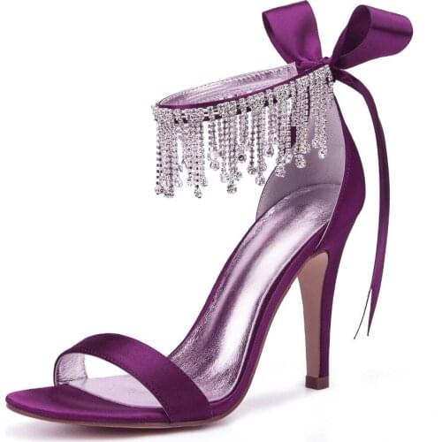 Sexy rhinestone trim fringe tassel ankle strap womens satin evening dress sandals high heels bridal wedding party prom pumps