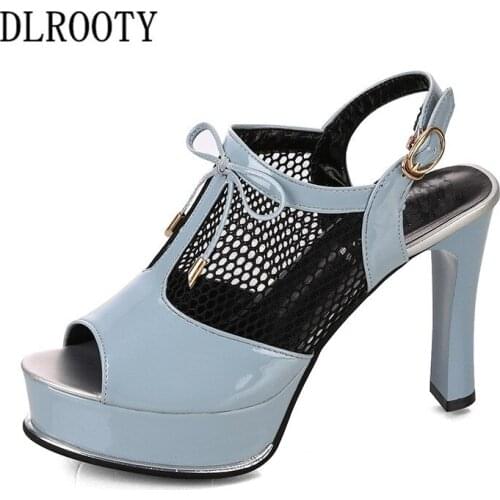 Woman Sandals Shoes Summer Style Pumps High Heels Peep Toe Platform Buckle Strap Fashion Hollow Solid Gladiator Mesh Breathable