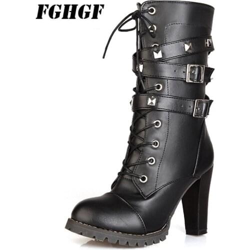 New comfortable side zipper rivet thick heel middle boots High-heeled lace-up Martin boots Big yards for womens shoes 34-48