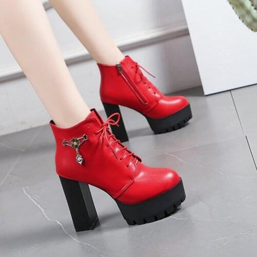 Womens shoes 2021 new front lace-up womens boots waterproof platform ultra-high-heeled thick-heeled short Martin boots