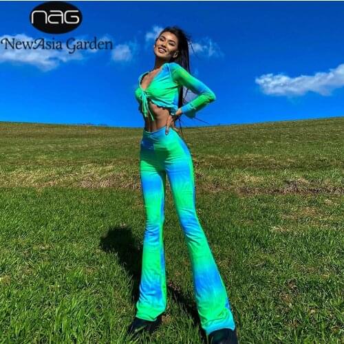 NewAsia Tie Dye 2 Piece Pants Set Long Sleeve Tie up V Neck Crop Top High Waist Flare Pants Sets Women Sexy Casual Chic Suits
