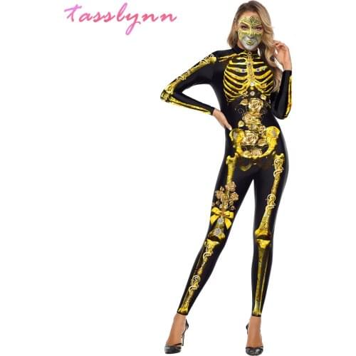 Adult Skeleton Print Halloween Cosplay for Women Ghost Jumpsuit Party Carnival Performance Scary Costume Zentai Bodysuit