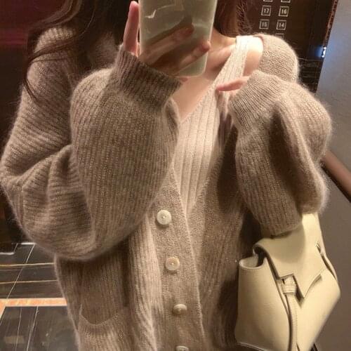 2021 Solid Autumn Winter V Neck Single Breasted Cardigan Women Korean Loose Lazy Wind Woman Sweater Fashion Pockets Sweater Coat