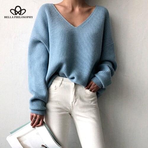 Bella philosophy Autumn Women Blue V-neck Pullover Sweater Lazy Solid Color Casual Sweater Oversize White Black Pullovers Tops