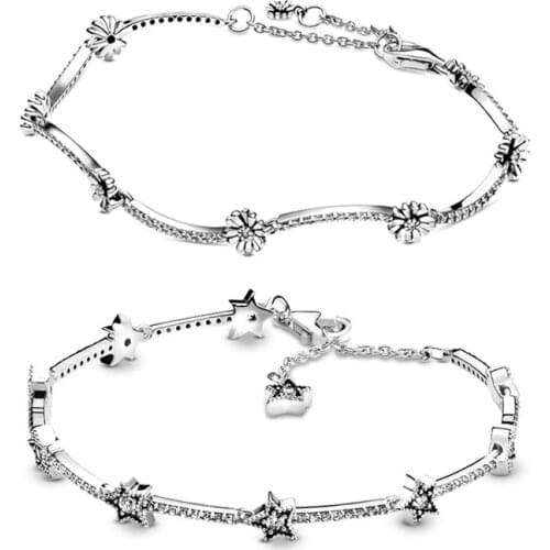 925 Sterling Silver Pan Bracelet Sparkling Daisy Flower Bracelet Bangle Fit Bead Charm Diy Jewelry