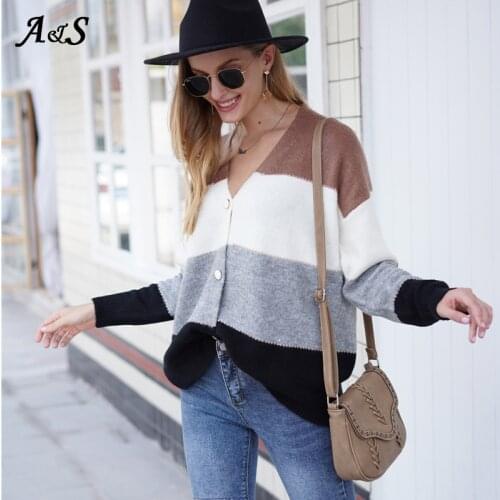 Anbenser Sexy V-neck Striped Patchwork Women Knitwear Cardigan Winter Fashion Long Sleeve Office Casual Loose Sweaters Cardigans