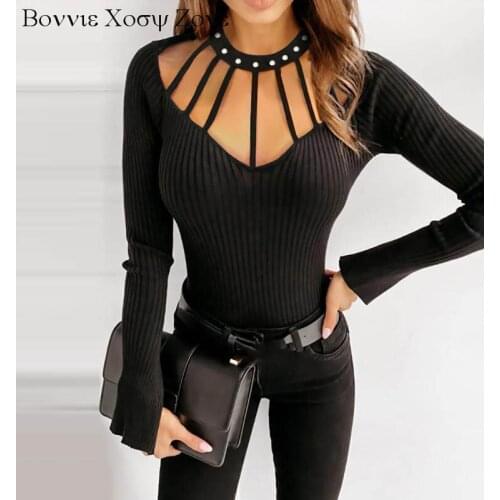 Women Rib-knit O-neck Cutout Beaded Knit Long Sleeve Top
