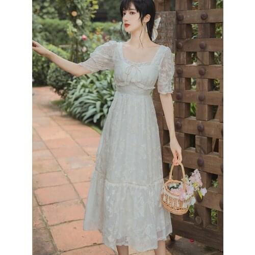 Women Lace Embroidered Square Neck Fashion Retro Dress Summer Robe Femme French Retro Elegant Dresses Vestidos