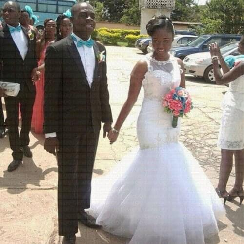 2021 African Pleated Lace Mermaid Wedding Dress Long Illusion Backless Bridal Gowns Vestido De Novia