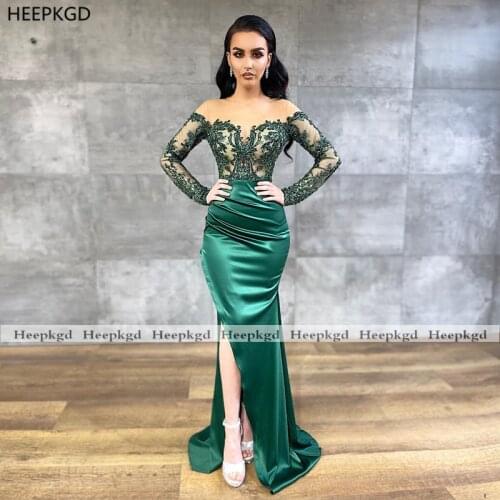 Emerald Green Mermaid Long Sleeves Evening Dress Side Slit Beads Lace See Through Charming Formal Women Gowns Evening