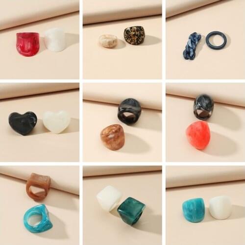 2Pcs/set Vintage Geometric Square Round Heart Design Resin Big Rings For Women Fashion Exaggeration Jewelry Party Ring For Gift