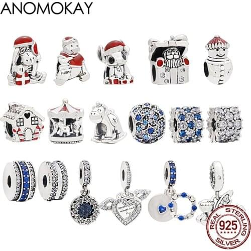 Anomokay Mix Style Red Enamel Christmas Charm & Bead Real Sterling 925 Silver Santa Claus Dog Charm for Xmas DIY Jewelry Gift