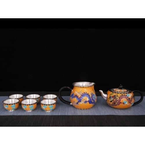 Kung Fu tea set, a full set of cloisonne sterling silver tea set [6 cups + teapot + justice cup]