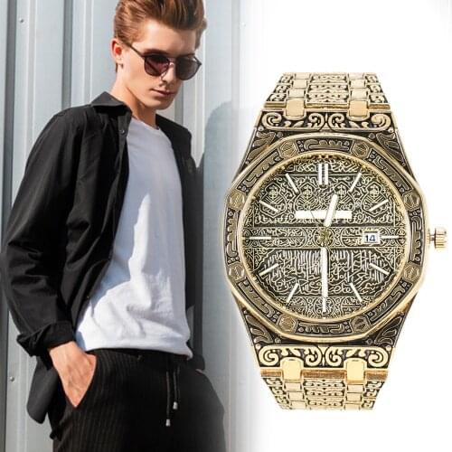 Business Men Luxury Quartz Watches Mecca Edition Vintage Carved Watch Islamic Wrist Watch for Men Business teel Wristwatch