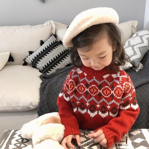 DFXD New Winter Thick Toddler Baby Girls Sweaters Long Sleeve National Wind Pullover Knit Sweater Tops Outfit 2-7T Kids Clothes