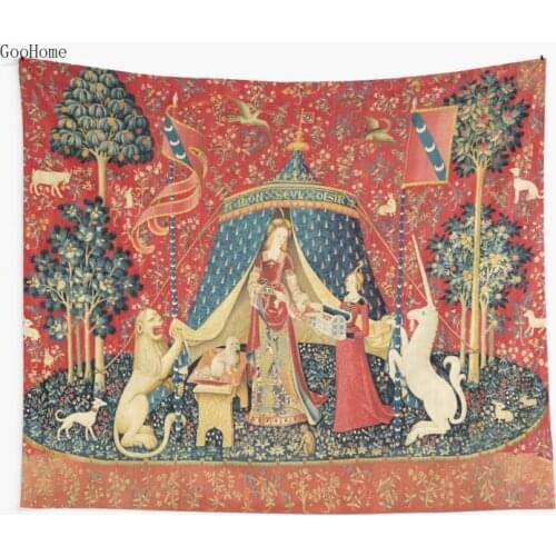 LADY AND UNICORN DESIRE Lion Fantasy Flowers Animals Red Green Floral Wall Tapestry Beach Towel Polyester Blanket Yoga Shawl Mat