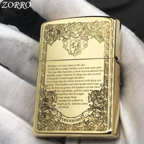 Zorro Pure Copper Kerosene Lighter Fine Carving Strong Will Pattern Brass Smoking Tool Gasoline Lighter With Gift Box