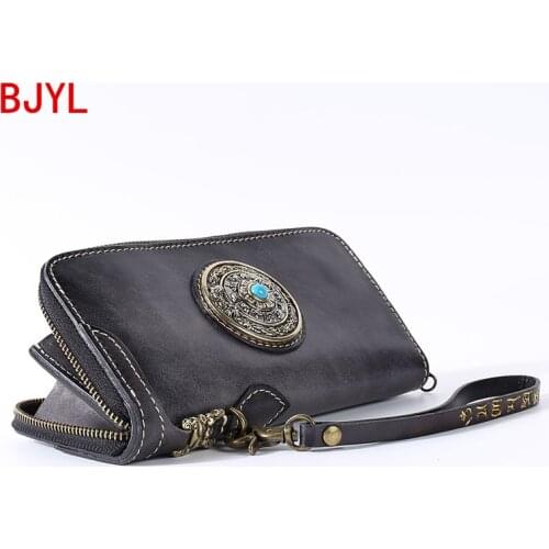 Retro Handmade Wallet Men and Women Long Zipper Purse Youth Origional Card Holder Wallets Clutch Bag Cross Genuine Leather Solid