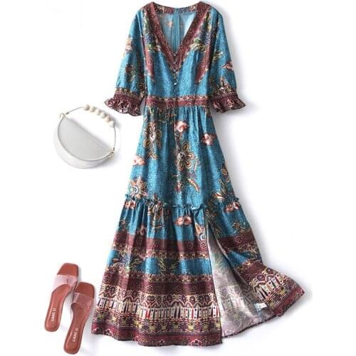 4XL 5XL 2020 summer women vintage printed plus size dresses fashion v-neck flare sleeve boho dress long split dress JC120