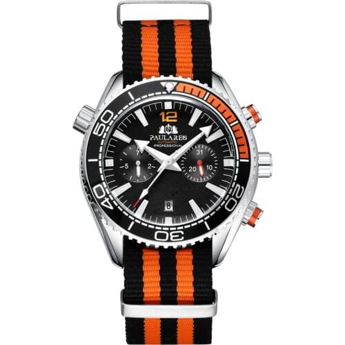 Men Automatic Self Wind Mechanical Orange Black Blue Red Gray Canvas Strap Multifunction Date Month Watch