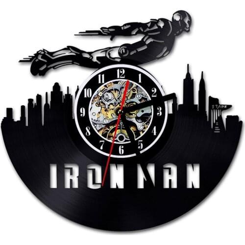 Tony Stark Super Hero Vinyl CD Disc Wall Clock Avenger Vintage Vinyl Album Record Clock Comics Art Decor Silent Watch Kids Gift