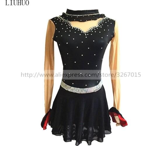 Figure Skating Dress Womens Girls' Ice Skating Dress Stand collar long sleeve black Sparkling rhinestones Competition clothing