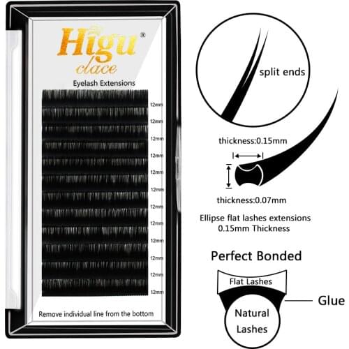 Higu clace Flat Lashes Extension For Professional Ellipse Flat Lash Split Tip Profession Natural Soft Silk Flat Eyelash C/D Curl