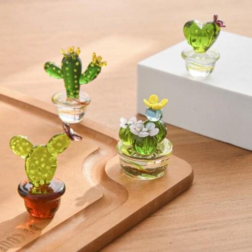 Handmade Glass Cactus Figurines Ornaments Desktop Craft Adornment Creative Colorful Cute Miniature Plant For Home Decoration