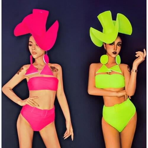 Lady Gaga Costume Nightclub Female GOGO Lead Dance Costume Neon Color Bikini Headwear Stage Show Wear Rave Festival Outfit 4091