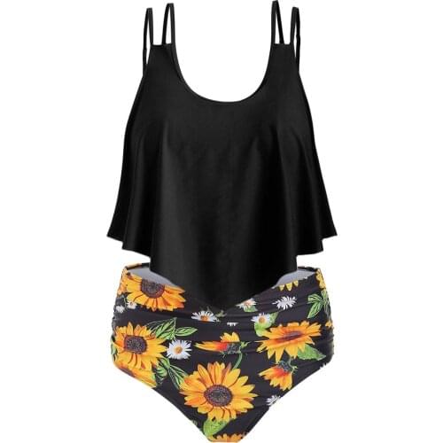 Split High Waist Swimsuit Ladies Sunflower Print Ruffled Triangle Bikini Two Piece Set Elegant Commuter Fashion Bathing Suit