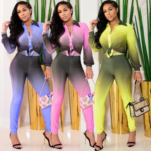 2021 Women Sets Summer Tracksuits Gradient Print Sportswear Button Tops+Pants Suit Two Piece Set Streetwear 2 Pcs Sexy Outfits