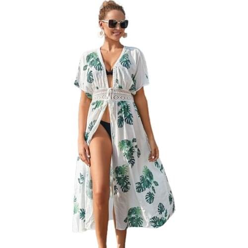 Women Bikini Swimsuit Cover Up Bohemian Green Palm Leaves Print Kimono Cardigan Open Front Tie Waist Beach Long Dress