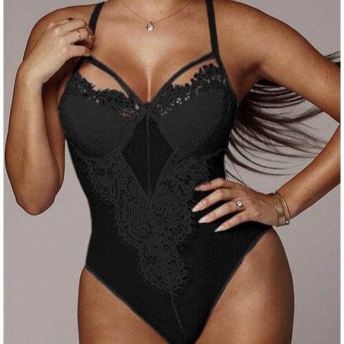 Women Hollow Out Sexy Bodysuit 2021 Summer Spaghetti Straps Underwired Floral Lace Bodysuit Solid Color Perspective Mesh Rompers