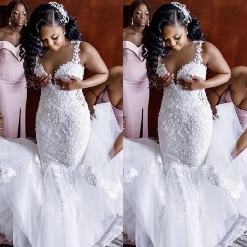 African Mermaid Wedding Dresses 2023 vestidos de novia Plus Size Wedding Gowns Custom Made Sheer Lace Bridal Dress
