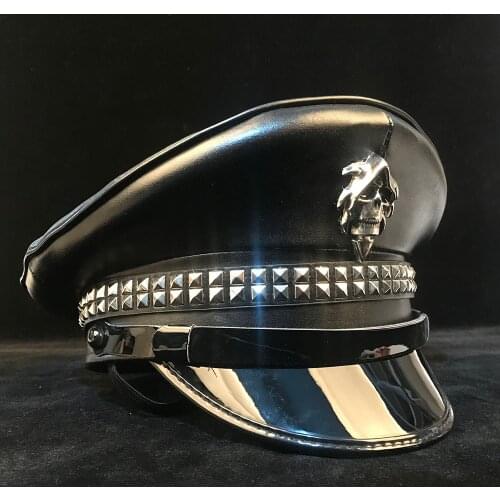 100% Leather Germany Officer Visor Cap Army Hat Cortical Military Hats Police Cap Halloween Cosplay Steampunk Nightclub Hat