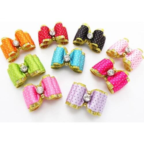 100PC/Lot Puppy Dog Accessories Bling Rhinestone Dog Hair Bows Polka Dots Dog Grooming Bows Rubber Bands
