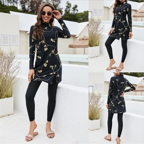 2021 Muslim Swimwear Women Modest Patchwork Long Sleeves Sport Swimsuit Islamic Burkinis Wear Bathing Suit Full Cover Swimwears